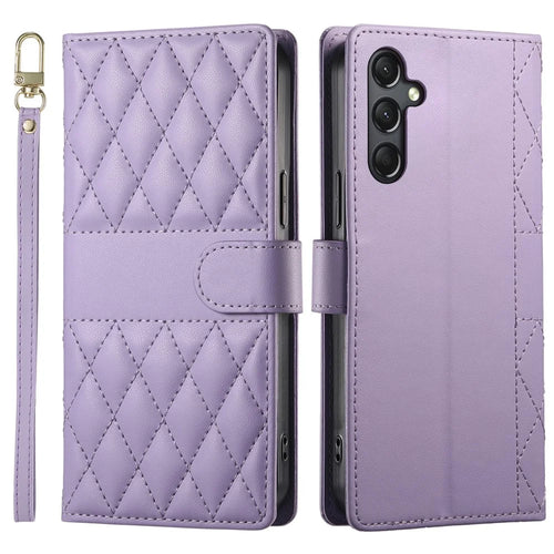 For Samsung Galaxy A24 4G (162.1 x 77.6 x 8.3mm) Case Rhombus Stitching Wallet Stand Leather Phone Cover with Long  /  Short Strap - Purple - 1