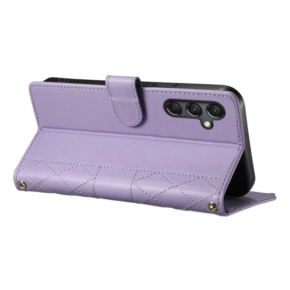 For Samsung Galaxy A24 4G (162.1 x 77.6 x 8.3mm) Case Rhombus Stitching Wallet Stand Leather Phone Cover with Long  /  Short Strap - Purple - 4