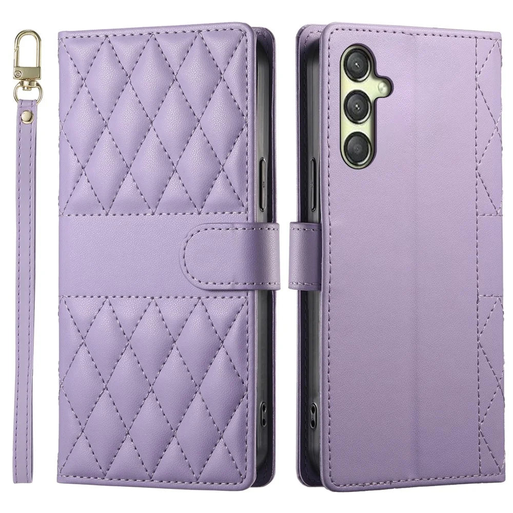 For Samsung Galaxy A25 5G (Global) (161.0 x 76.5 x 8.3mm) Case Rhombus Stitching Wallet Stand Leather Phone Cover with Long  /  Short Strap - Purple - 1