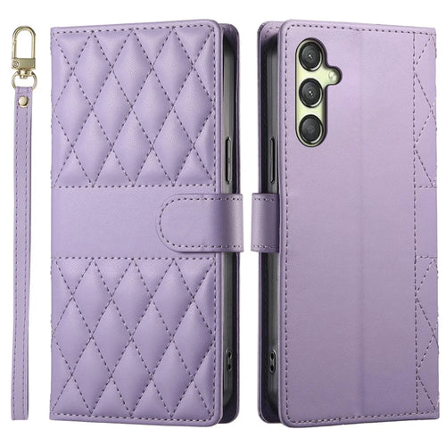 For Samsung Galaxy A25 5G (Global) (161.0 x 76.5 x 8.3mm) Case Rhombus Stitching Wallet Stand Leather Phone Cover with Long  /  Short Strap - Purple - 1