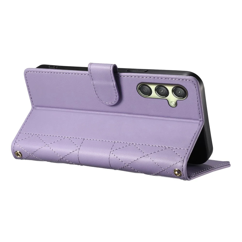 For Samsung Galaxy A25 5G (Global) (161.0 x 76.5 x 8.3mm) Case Rhombus Stitching Wallet Stand Leather Phone Cover with Long  /  Short Strap - Purple - 3