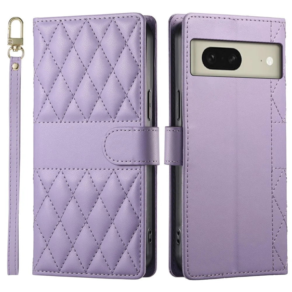 For Google Pixel 8 Case Rhombus Stitching Wallet Stand Leather Phone Cover with Long  /  Short Strap - Purple - 1