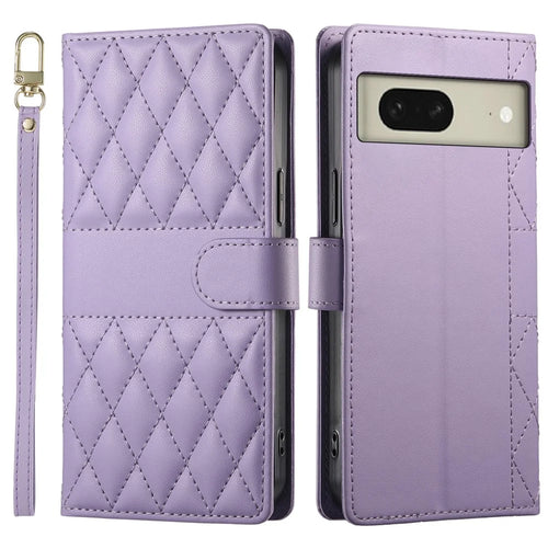 For Google Pixel 8 Case Rhombus Stitching Wallet Stand Leather Phone Cover with Long  /  Short Strap - Purple - 1