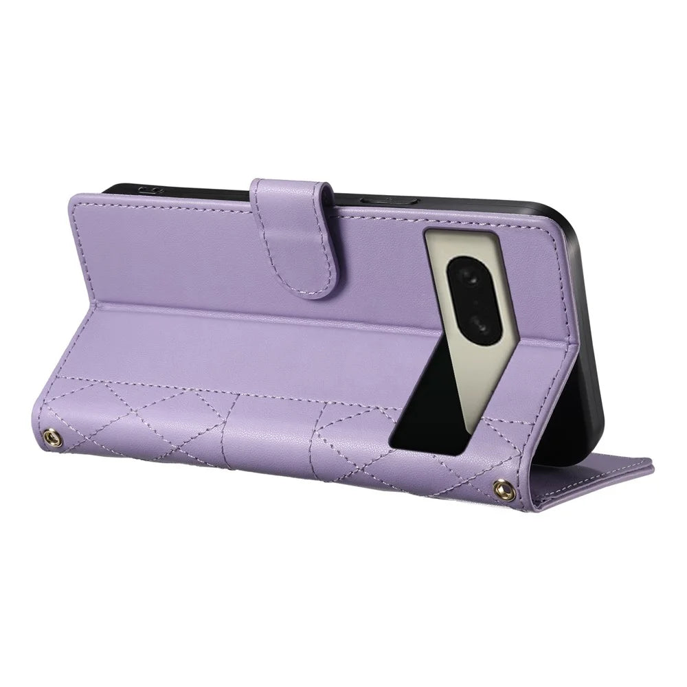 For Google Pixel 8 Case Rhombus Stitching Wallet Stand Leather Phone Cover with Long  /  Short Strap - Purple - 4