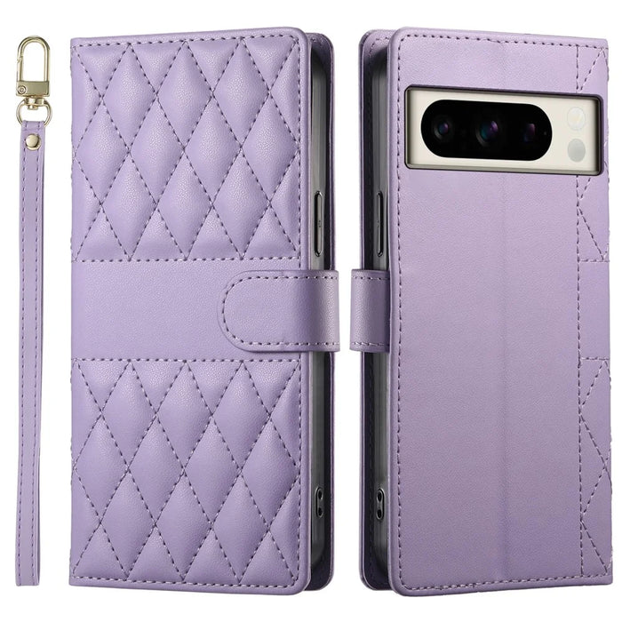 For Google Pixel 8 Pro Case Rhombus Stitching Wallet Stand Leather Phone Cover with Long  /  Short Strap - Purple - 1