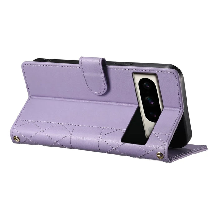 For Google Pixel 8 Pro Case Rhombus Stitching Wallet Stand Leather Phone Cover with Long  /  Short Strap - Purple - 4
