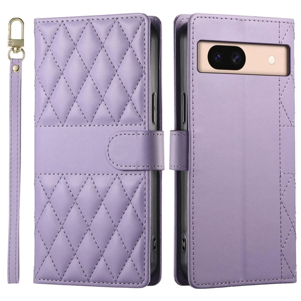 For Google Pixel 8a Case Rhombus Stitching Wallet Stand Leather Phone Cover with Long  /  Short Strap - Purple - 1