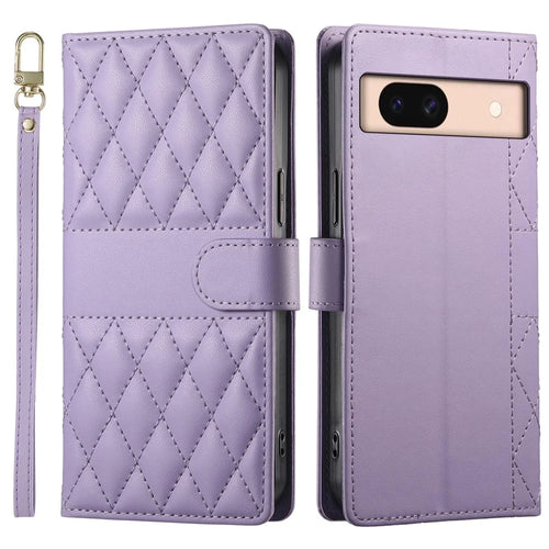 For Google Pixel 8a Case Rhombus Stitching Wallet Stand Leather Phone Cover with Long  /  Short Strap - Purple - 1