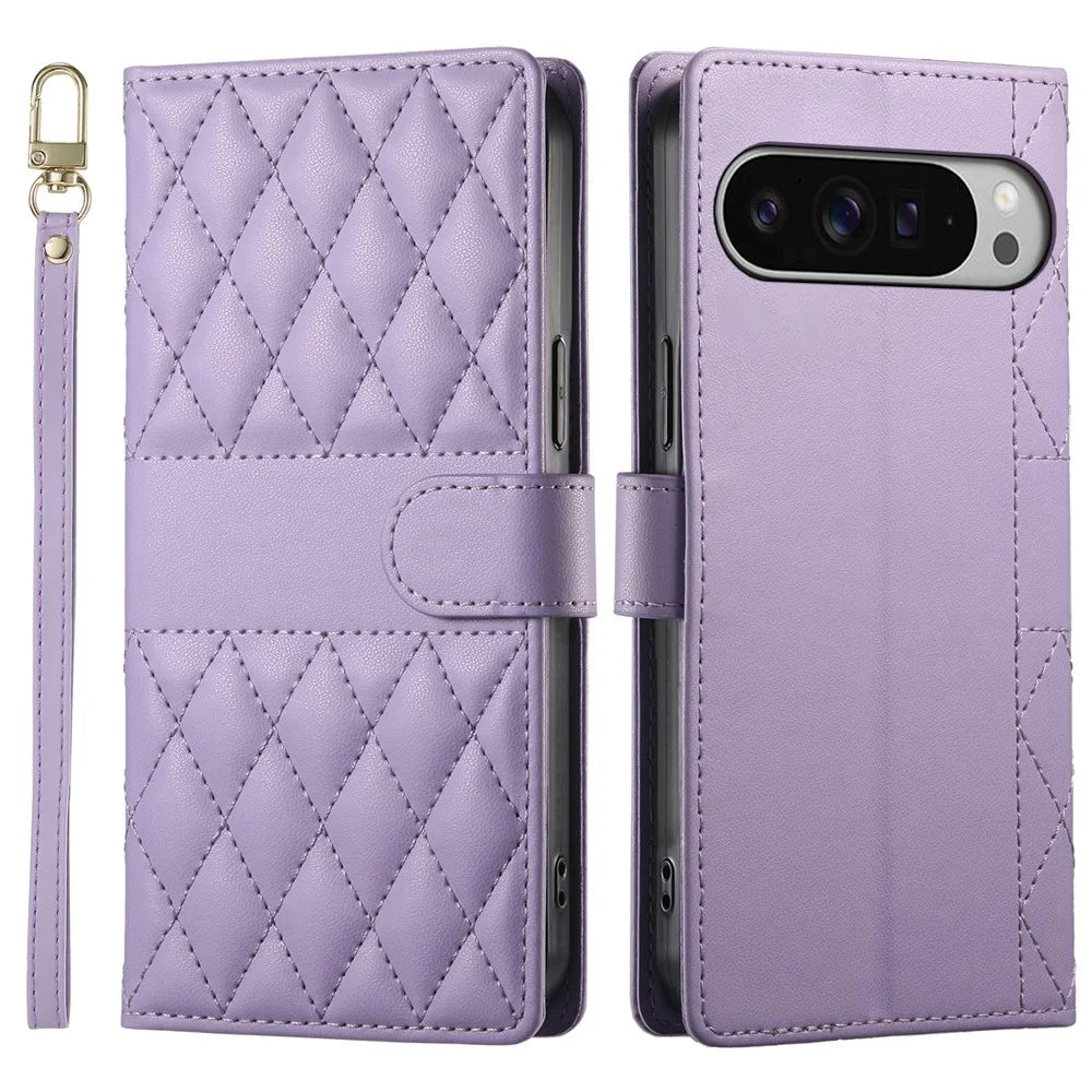 For Google Pixel 9 Pro XL Case Rhombus Stitching Wallet Stand Leather Phone Cover with Long  /  Short Strap - Purple - 1
