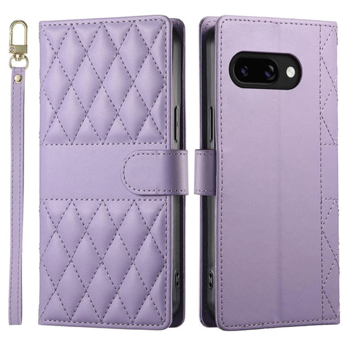 For Google Pixel 9a Case Rhombus Stitching Wallet Stand Leather Phone Cover with Long  /  Short Strap - Purple - 1