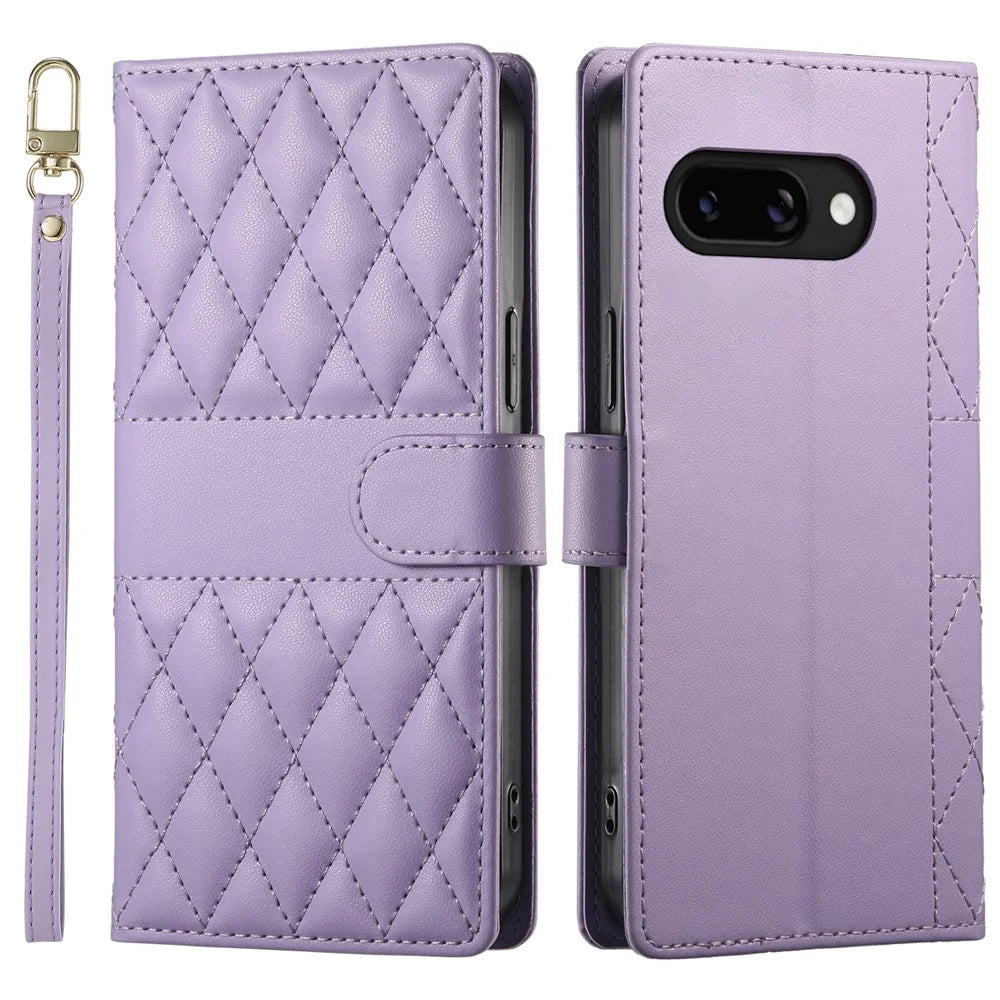 For Google Pixel 9a Case Rhombus Stitching Wallet Stand Leather Phone Cover with Long  /  Short Strap - Purple - 1