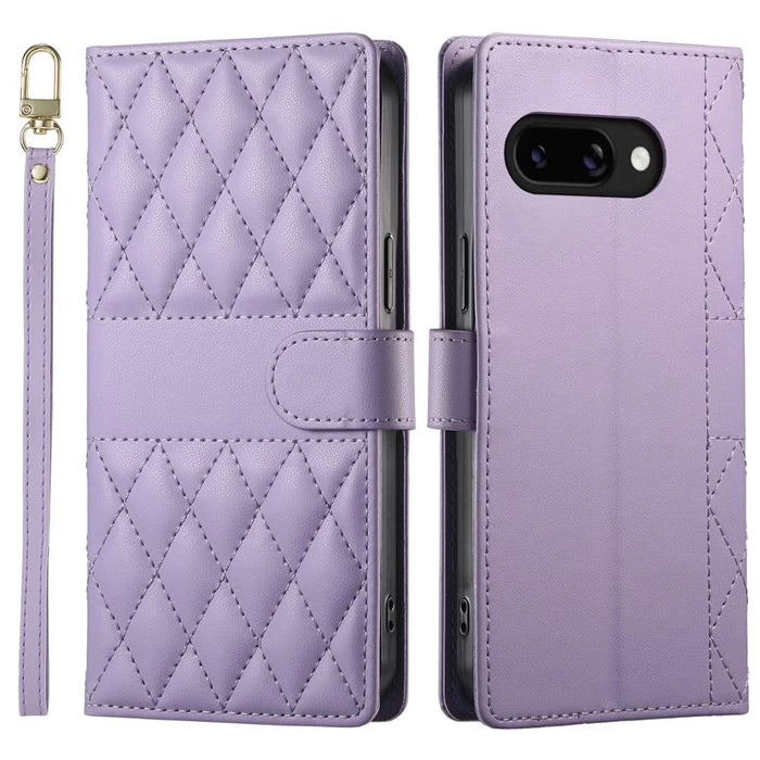 For Google Pixel 9a Case Rhombus Stitching Wallet Stand Leather Phone Cover with Long  /  Short Strap - Purple - 1