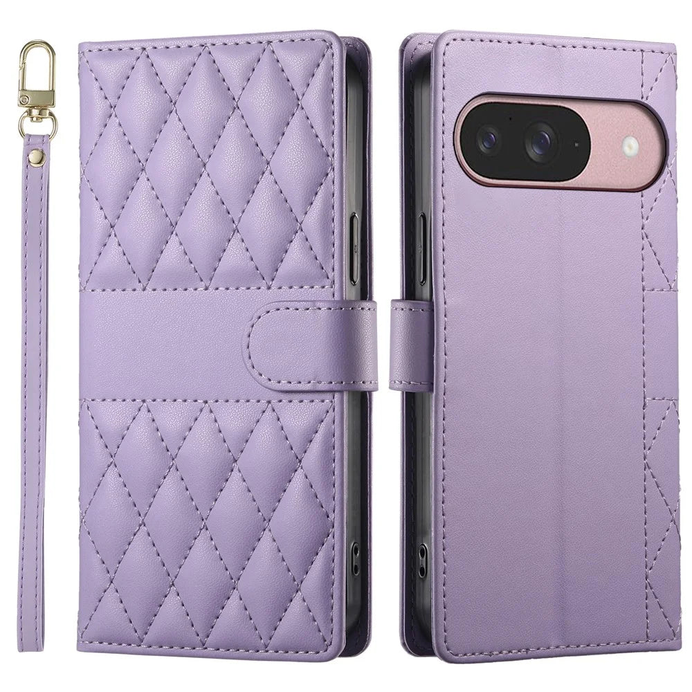 For Google Pixel 9 Case Rhombus Stitching Wallet Stand Leather Phone Cover with Long  /  Short Strap - Purple - 1