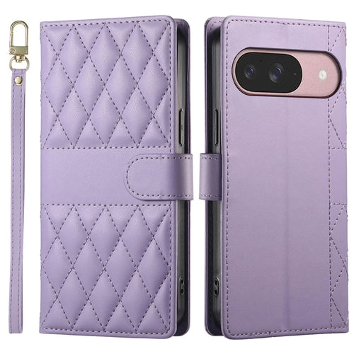 For Google Pixel 9 Case Rhombus Stitching Wallet Stand Leather Phone Cover with Long  /  Short Strap - Purple - 1