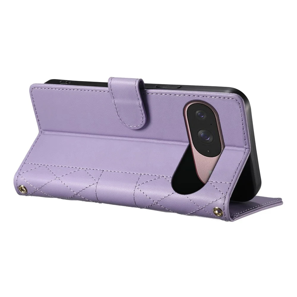 For Google Pixel 9 Case Rhombus Stitching Wallet Stand Leather Phone Cover with Long  /  Short Strap - Purple - 4