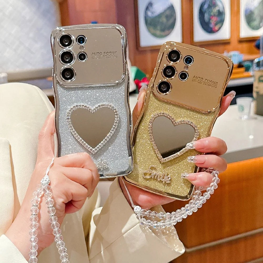 For Samsung Galaxy S25 Ultra Case Electroplated Wavy Frame Glitter TPU Phone Cover with Mirror, Strap - Silver - 6