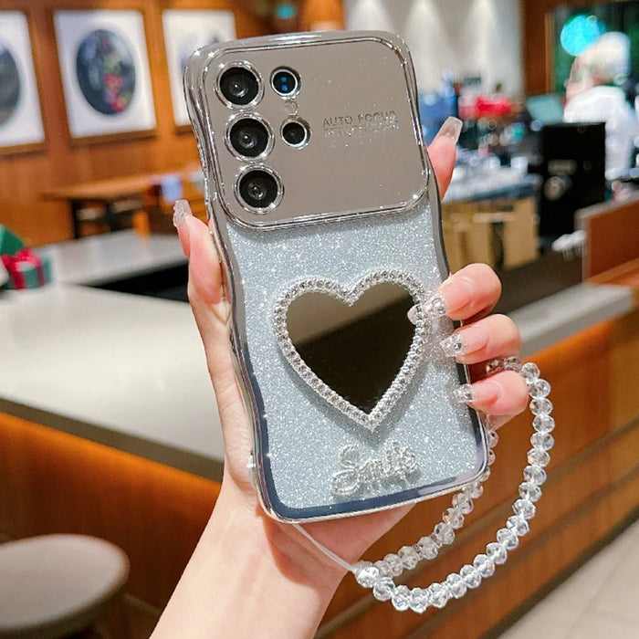 For Samsung Galaxy S24 Ultra Case Electroplated Wavy Frame Glitter TPU Phone Cover with Mirror, Strap - Silver - 1