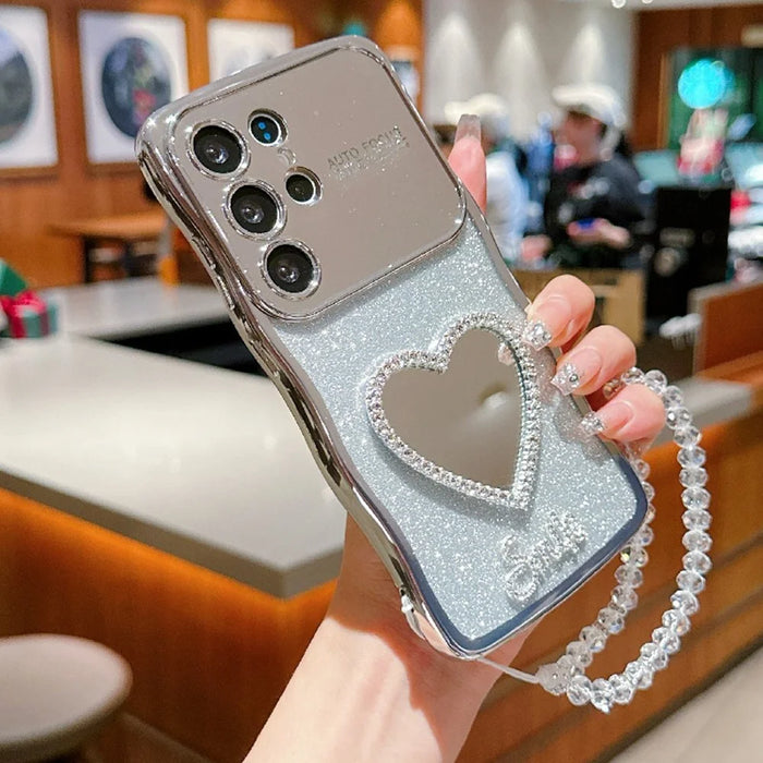 For Samsung Galaxy S24 Ultra Case Electroplated Wavy Frame Glitter TPU Phone Cover with Mirror, Strap - Silver - 2