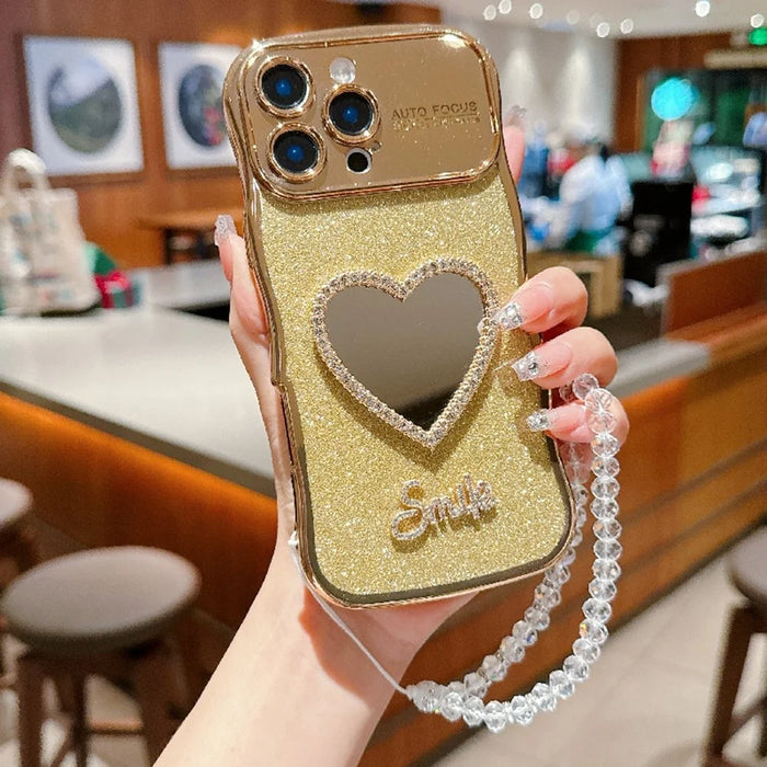 For iPhone 16 Pro Max Case Electroplated Wavy Frame Glitter TPU Phone Cover with Mirror, Strap - Gold - 1