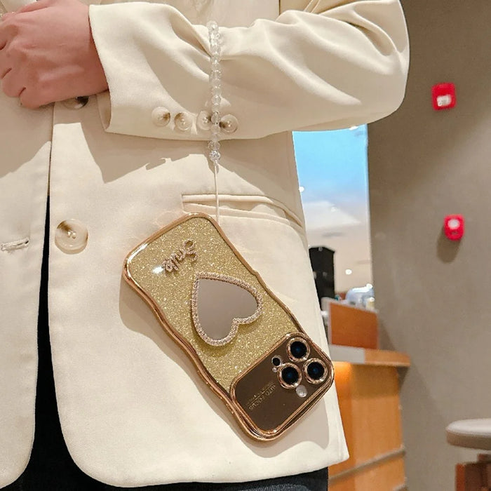 For iPhone 16 Pro Max Case Electroplated Wavy Frame Glitter TPU Phone Cover with Mirror, Strap - Gold - 3