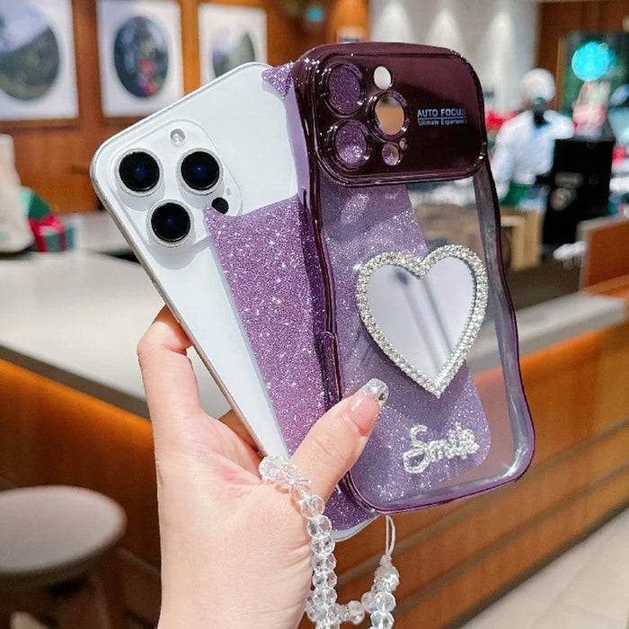 For iPhone 16 Pro Max Case Electroplated Wavy Frame Glitter TPU Phone Cover with Mirror, Strap - Gold - 6
