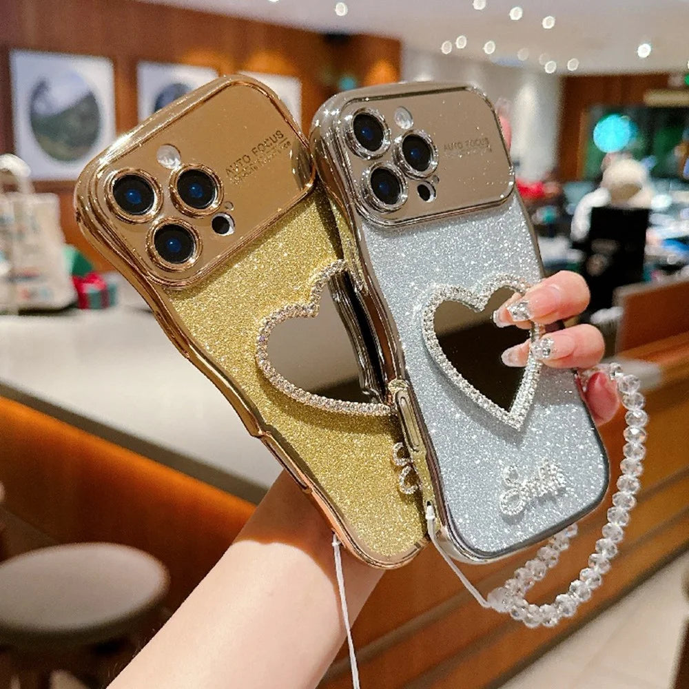 For iPhone 16 Pro Case Electroplated Wavy Frame Glitter TPU Phone Cover with Mirror, Strap - Gold - 7