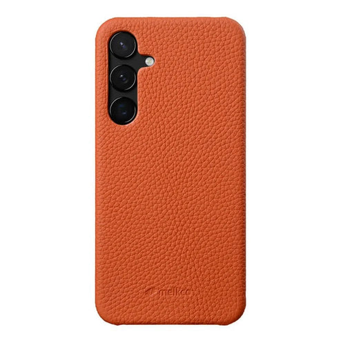 MELKCO For Samsung Galaxy S25 Case Incomplete Edge Genuine Cow Leather Coated PC Cover - Orange - 1