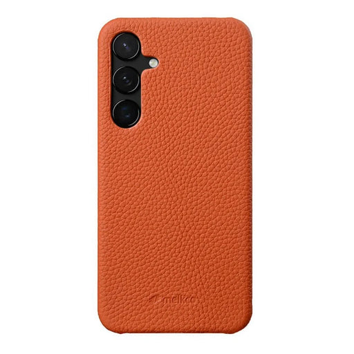 MELKCO For Samsung Galaxy S25 Case Incomplete Edge Genuine Cow Leather Coated PC Cover - Orange - 1