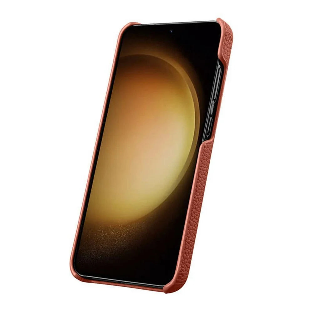 MELKCO For Samsung Galaxy S25 Case Incomplete Edge Genuine Cow Leather Coated PC Cover - Orange - 3