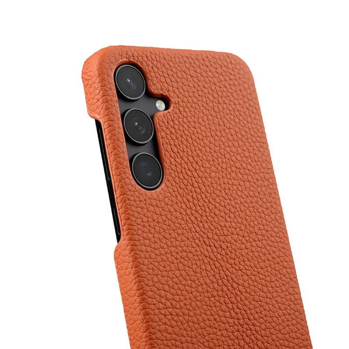 MELKCO For Samsung Galaxy S25 Case Incomplete Edge Genuine Cow Leather Coated PC Cover - Orange - 4