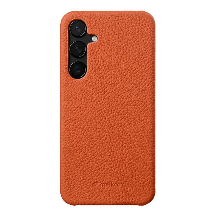 MELKCO For Samsung Galaxy S25+ Case Incomplete Edge Genuine Cow Leather Coated PC Cover - Orange - 1