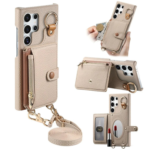 For Samsung Galaxy S25 Ultra Leather Phone Back Cover Zipper Card Holder Kickstand with Mirror and Long Strap - Khaki Grey - 1