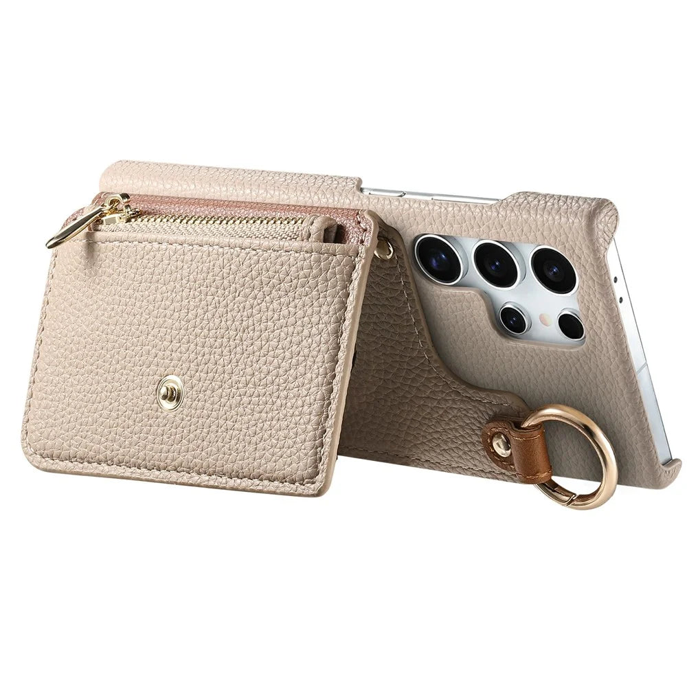 For Samsung Galaxy S25 Ultra Leather Phone Back Cover Zipper Card Holder Kickstand with Mirror and Long Strap - Khaki Grey - 2
