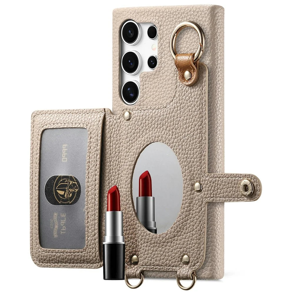 For Samsung Galaxy S25 Ultra Leather Phone Back Cover Zipper Card Holder Kickstand with Mirror and Long Strap - Khaki Grey - 3