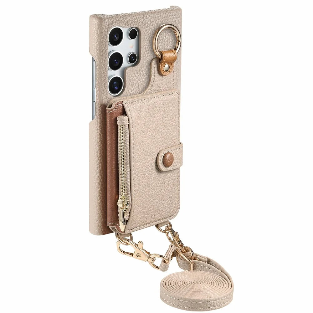 For Samsung Galaxy S25 Ultra Leather Phone Back Cover Zipper Card Holder Kickstand with Mirror and Long Strap - Khaki Grey - 4