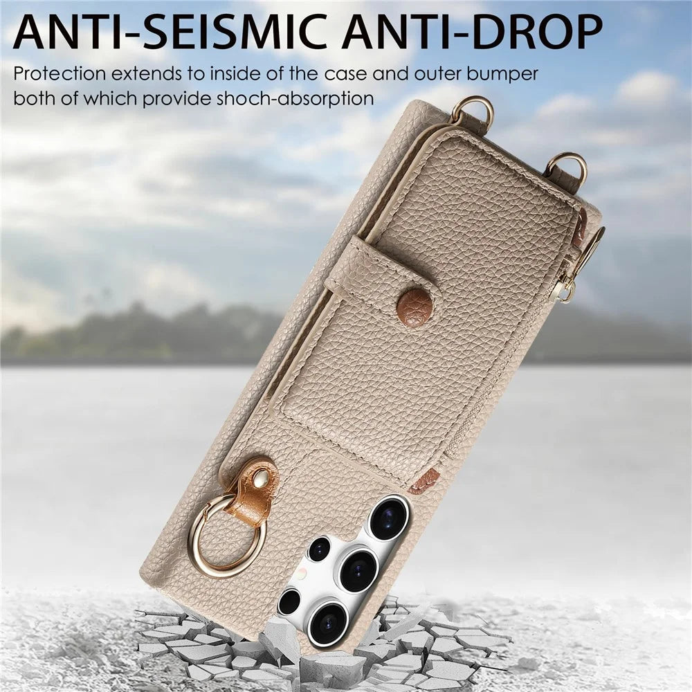 For Samsung Galaxy S25 Ultra Leather Phone Back Cover Zipper Card Holder Kickstand with Mirror and Long Strap - Khaki Grey - 5