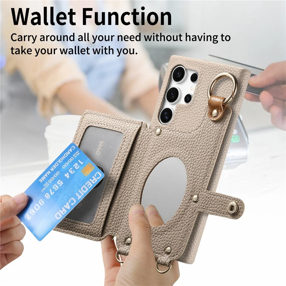 For Samsung Galaxy S25 Ultra Leather Phone Back Cover Zipper Card Holder Kickstand with Mirror and Long Strap - Khaki Grey - 6