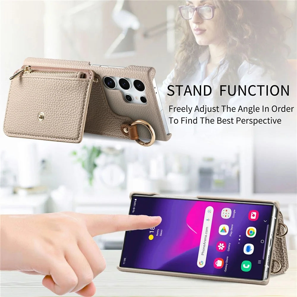 For Samsung Galaxy S25 Ultra Leather Phone Back Cover Zipper Card Holder Kickstand with Mirror and Long Strap - Khaki Grey - 7