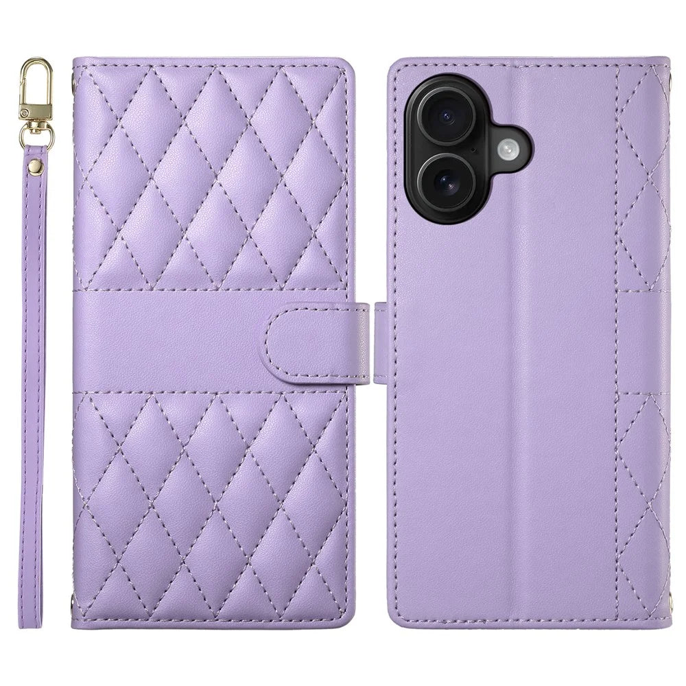 For iPhone 16 Plus Case Rhombus Stitching Wallet Stand Leather Phone Cover with Long  /  Short Strap - Purple - 1