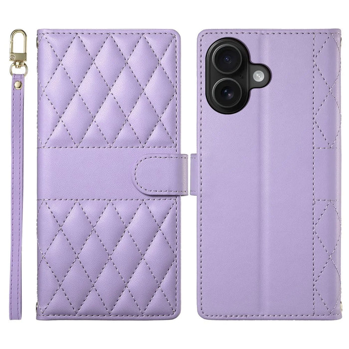 For iPhone 16 Plus Case Rhombus Stitching Wallet Stand Leather Phone Cover with Long  /  Short Strap - Purple - 1