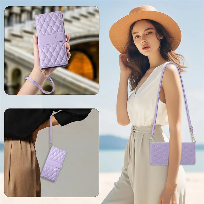 For iPhone 16 Plus Case Rhombus Stitching Wallet Stand Leather Phone Cover with Long  /  Short Strap - Purple - 4