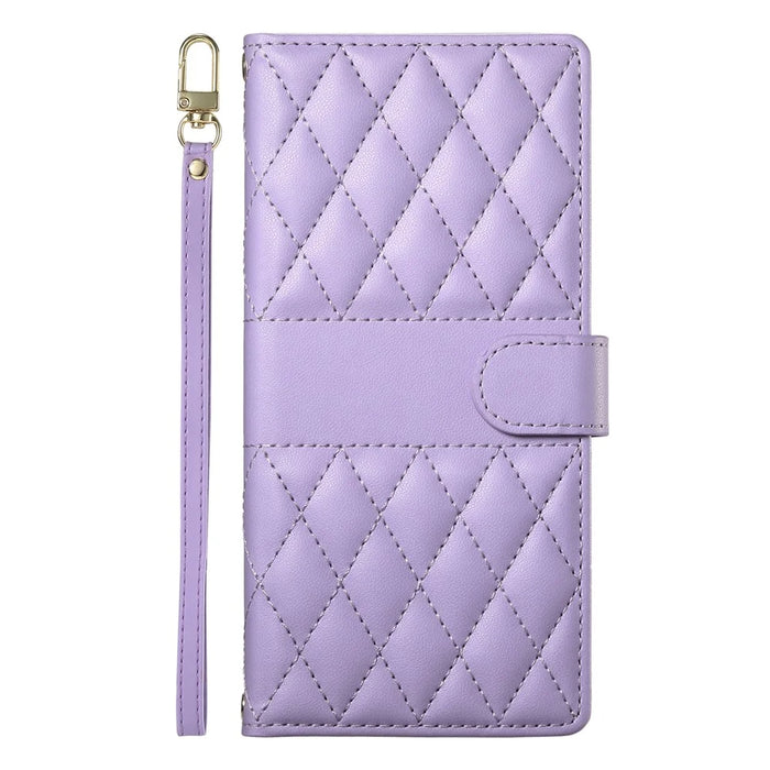 For iPhone 16 Plus Case Rhombus Stitching Wallet Stand Leather Phone Cover with Long  /  Short Strap - Purple - 7