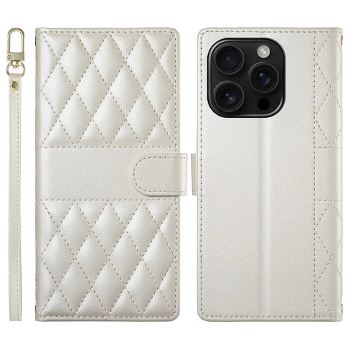 For iPhone 16 Pro Case Rhombus Stitching Wallet Stand Leather Phone Cover with Long  /  Short Strap - Beige - 1