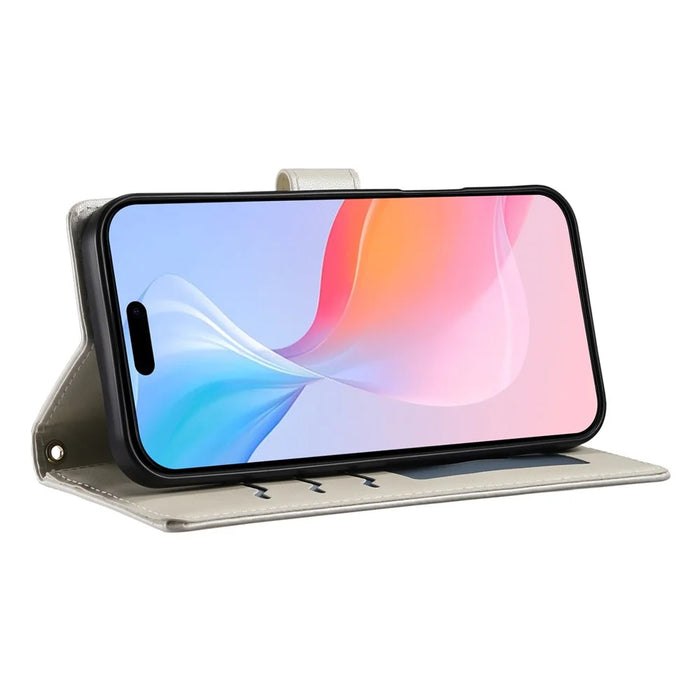 For iPhone 16 Pro Case Rhombus Stitching Wallet Stand Leather Phone Cover with Long  /  Short Strap - Beige - 3