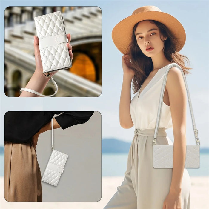 For iPhone 16 Pro Case Rhombus Stitching Wallet Stand Leather Phone Cover with Long  /  Short Strap - Beige - 5