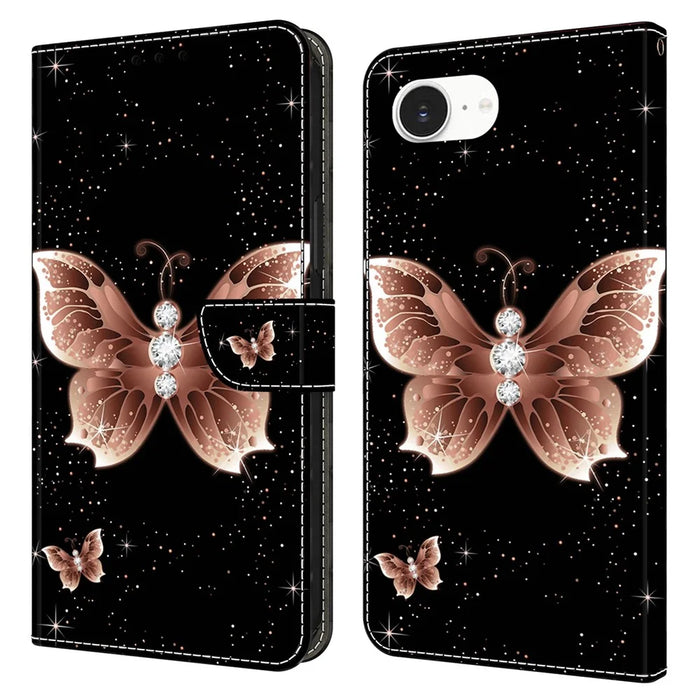 For iPhone 17e / 16e Case 3D Pattern PU Leather Wallet Phone Cover with Stand - Pink Diamond Butterfly - 1
