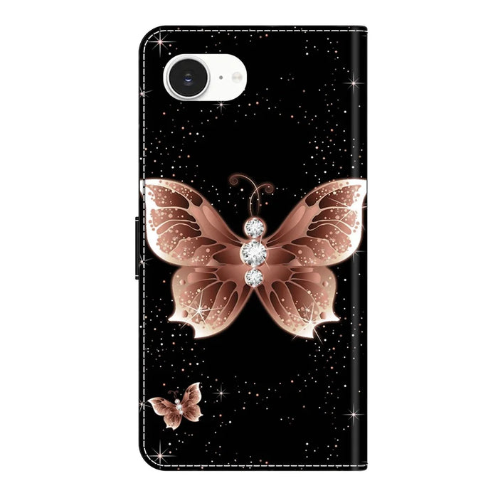 For iPhone 17e / 16e Case 3D Pattern PU Leather Wallet Phone Cover with Stand - Pink Diamond Butterfly - 6