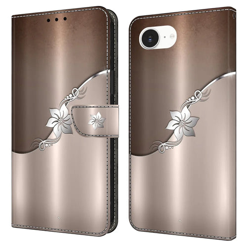 For iPhone 17e / 16e Case Magnetic Clasp 3D Pattern Leather Wallet Phone Cover - Silver Flower - 1