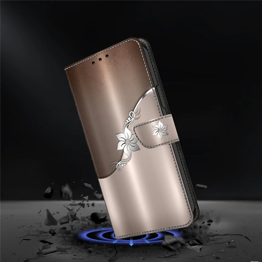 For iPhone 17e / 16e Case Magnetic Clasp 3D Pattern Leather Wallet Phone Cover - Silver Flower - 4