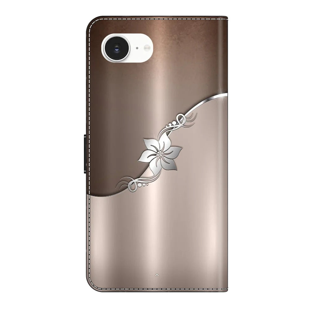 For iPhone 17e / 16e Case Magnetic Clasp 3D Pattern Leather Wallet Phone Cover - Silver Flower - 6